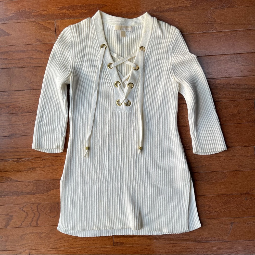Michael Kors Lace-Up Knit Tunic Size Medium Cream